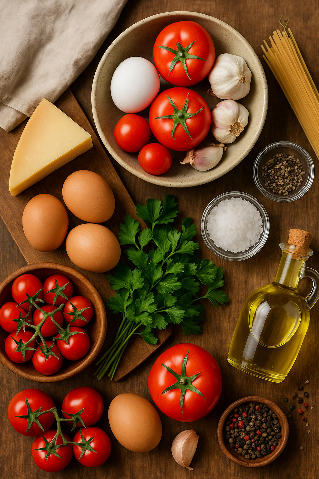 Ingrédients frais sur table – tomates, œufs, herbes et huile d’olive pour cuisine maison Générateur de recettes anti-gaspi personnalisé, Ingrédients frais pour recette : tomates, œufs, ail, persil, fromage, épices et huile d’olive sur table en bois
