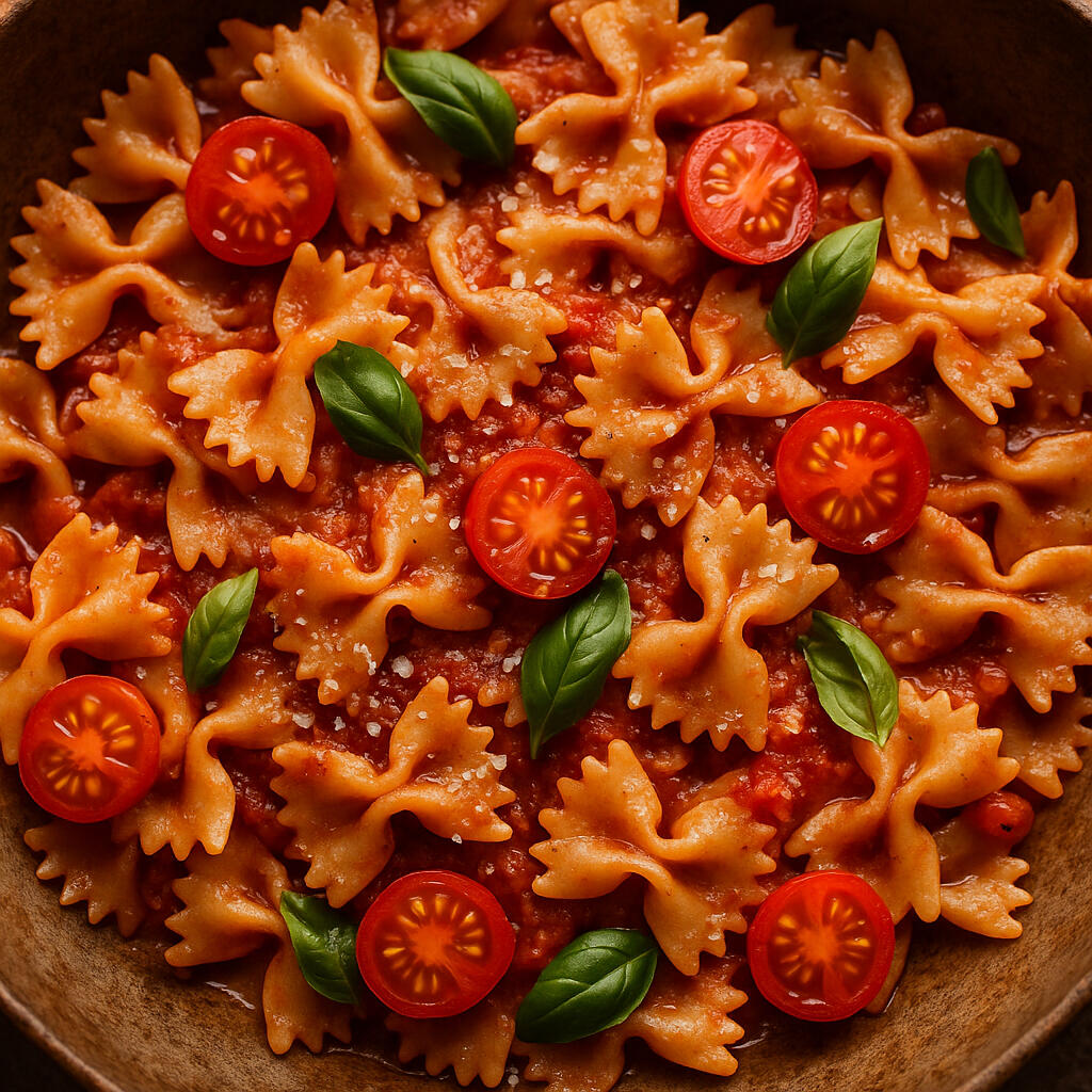 Pâtes farfalle à la sauce tomate maison, garnies de basilic et tomates cerises fraîches Assiette de farfalle à la sauce tomate, tomates cerises et feuilles de basilic frais